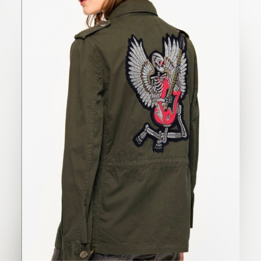 Zadig & Voltaire Kayak Bis jacket Military Green Skull Guitar Patch Women Sz M - Picture 3 of 12